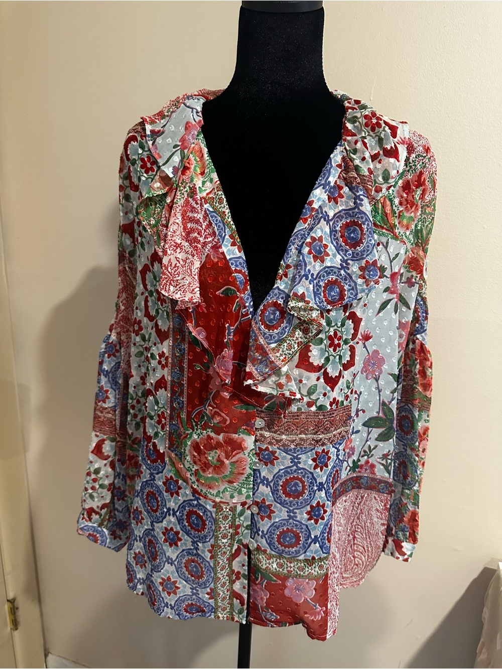 Zara Red Floral Patchwork Ruffle V-Neck Blouse